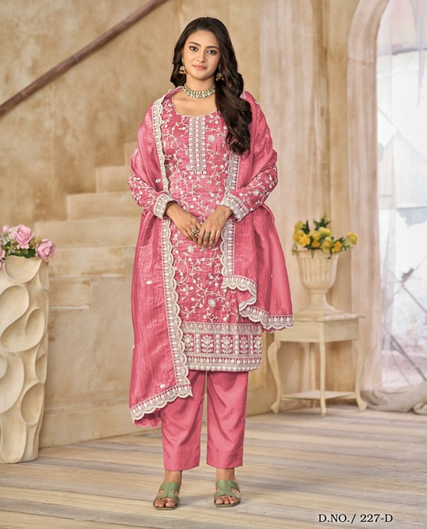 227-pink - Crush Straight Suit with Embroidered Work in Salmon